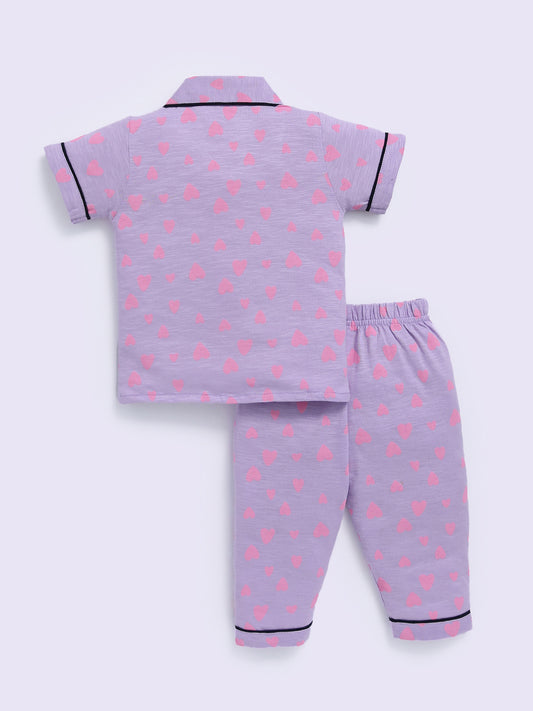 'Hearts' Mauve Cotton Half Sleeve Night Suit