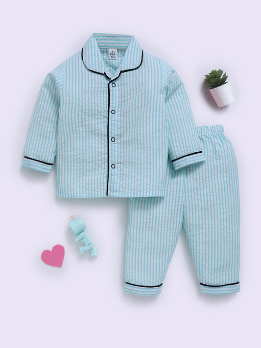 Blue Cotton Typography Full Sleeve Night Suit