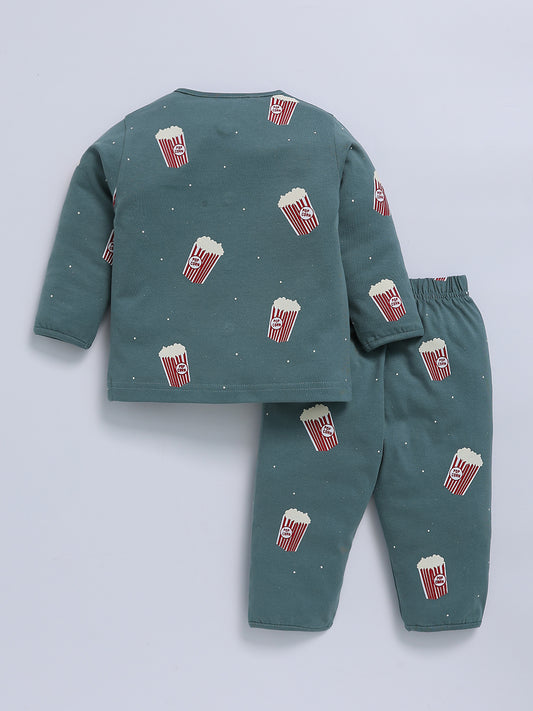 Popcorn Printed Green Cotton Full Sleeve Night Suit