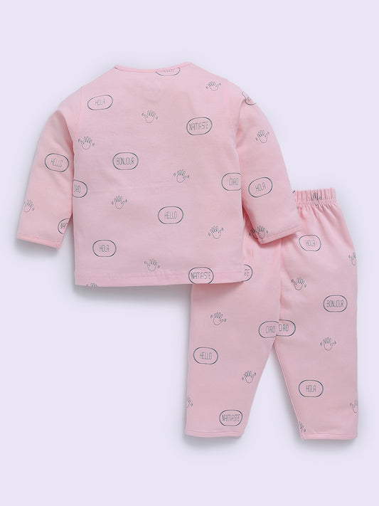 Pink Cotton Typography Full Sleeve Night Suit