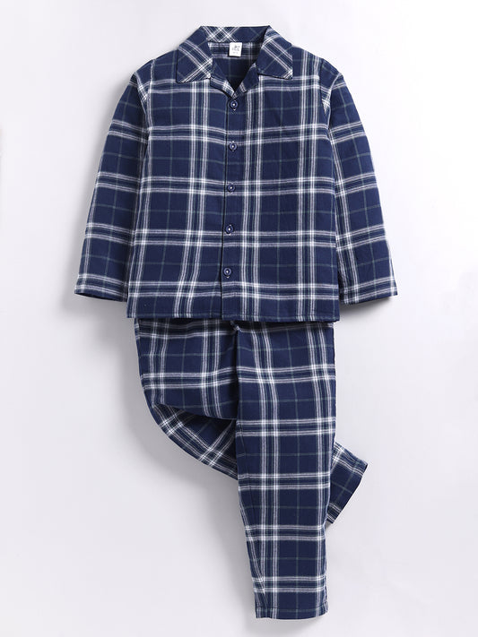 Blue Checked Cotton Full Sleeve Night Suit