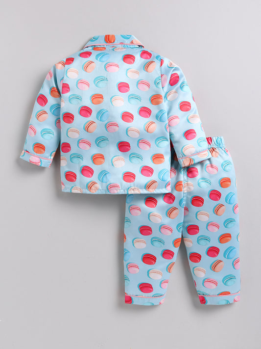 Blue Macaron Full Sleeves Satin Night Suit