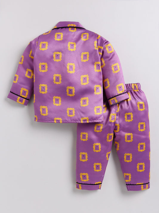 Purple 'Friends' Theme Full Sleeves Satin Night Suit