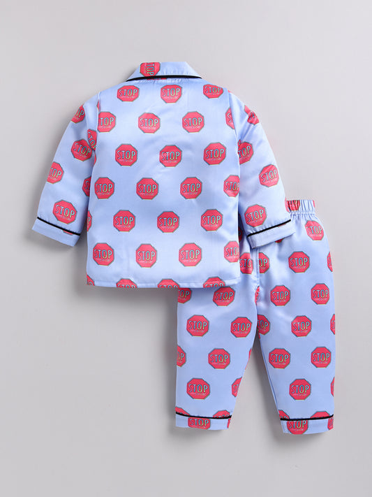 Blue "STOP" Being So Cute Full Sleeves Satin Night Suit