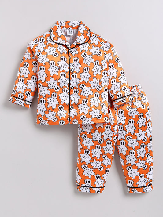 Halloween Theme Orange Full Sleeves Satin Night Suit