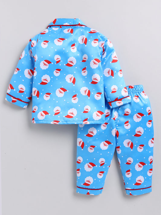 Blue Santa Full Sleeves Satin Night Suit