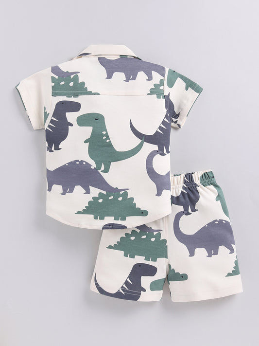 Cream Dino Printed Cotton Short Sleeves Co-ord Set
