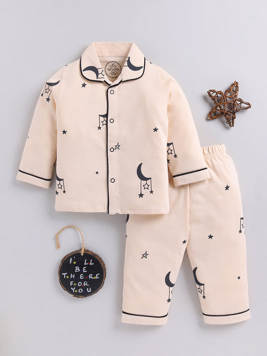 Beige Typography Cotton Full Sleeves Night Suit