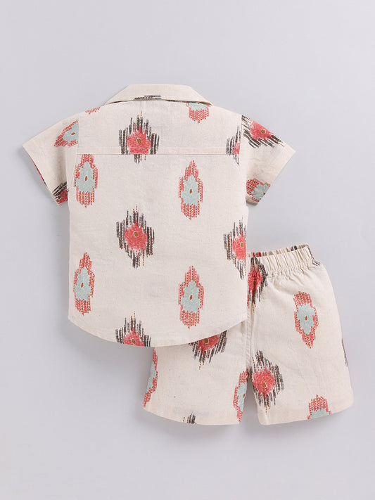 Cream Graphic Cotton Short Sleeves Co-ord Set
