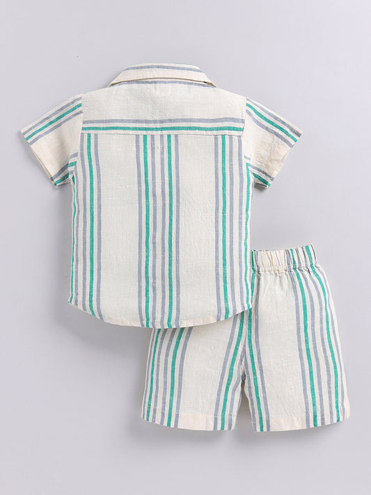 Cream Striped Cotton Short Sleeves Co-ord Set