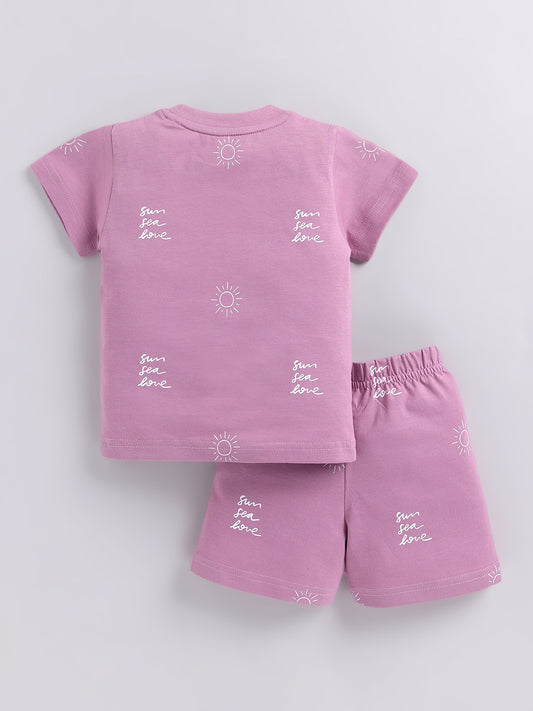 Purple Typography Cotton Short Sleeves Night Suit