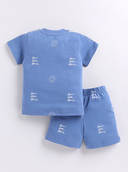 Blue Typography Cotton Short Sleeves Night Suit