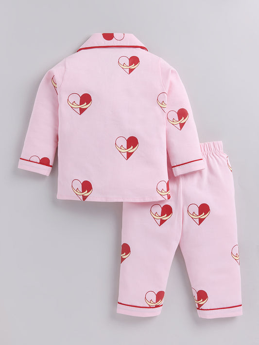 Pink "Hearts" Cotton Full Sleeves Night Suit