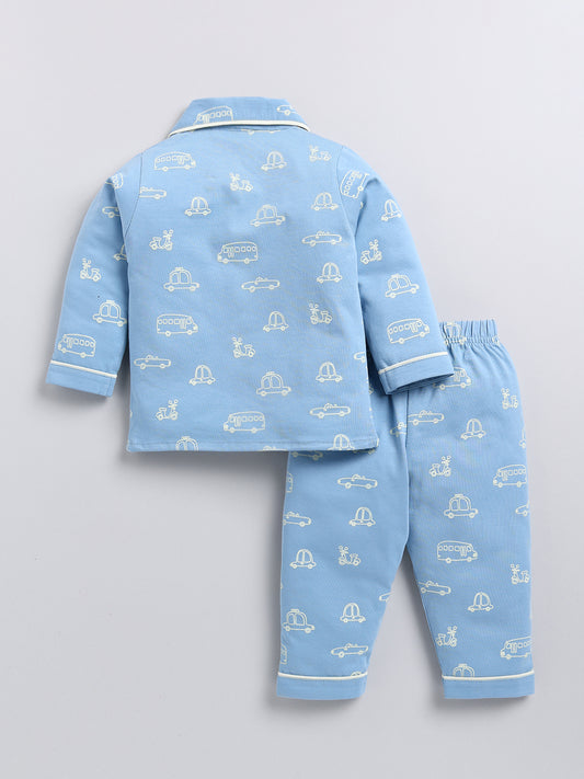 Blue Car Print Full Sleeve Night Suit