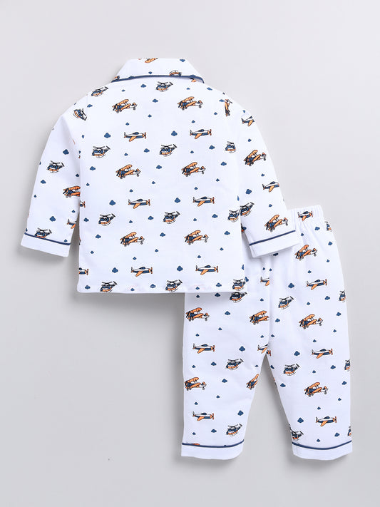 White Helicopter Print Full Sleeve Night Suit