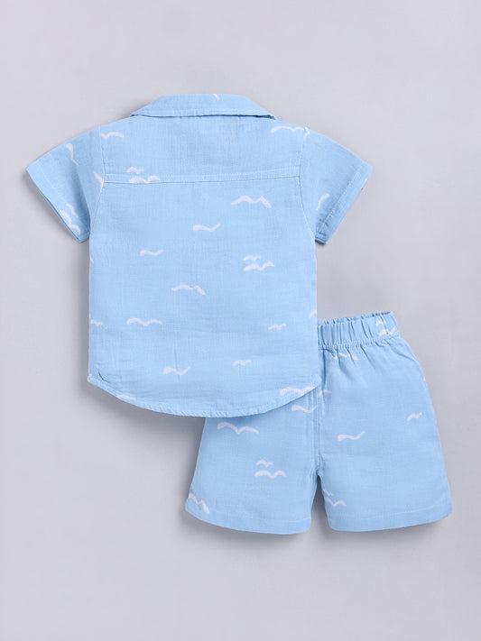 Blue Graphic Cotton Short Sleeves Co-ord Set