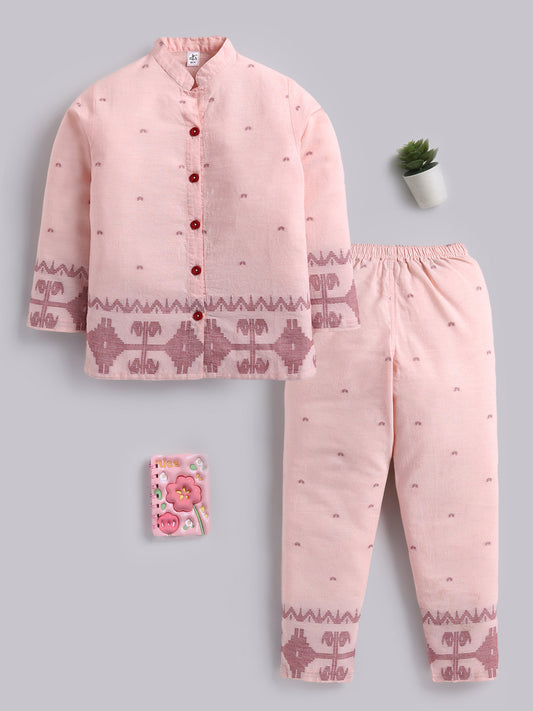 Peach Ethnic Motifs Cotton Full Sleeves Full Night Suit