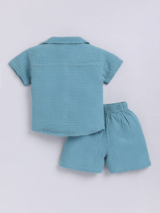 Blue Solid Cotton Short Sleeves Co-ord Set