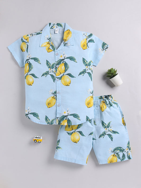 Blue Tropical Cotton Short Sleeves Co-ord Set