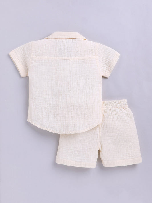 Cream Solid Cotton Short Sleeves Co-ord Set