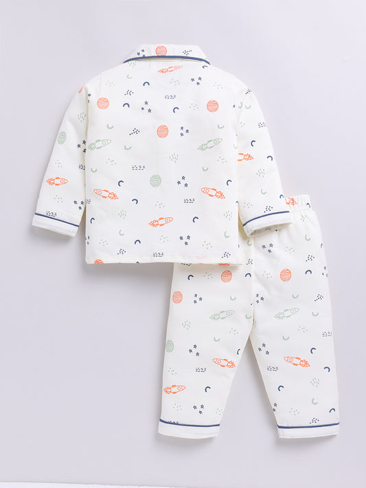 Cream Space Theme Full sleeve Night Suit