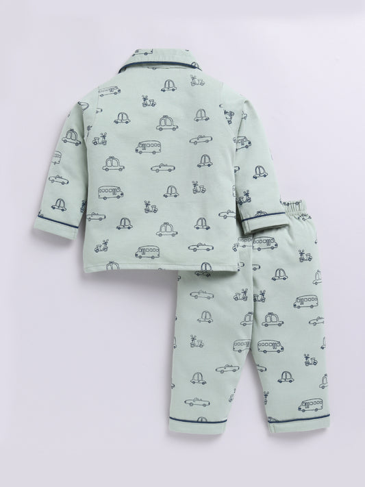 Green Car Print Full Sleeve Night Suit