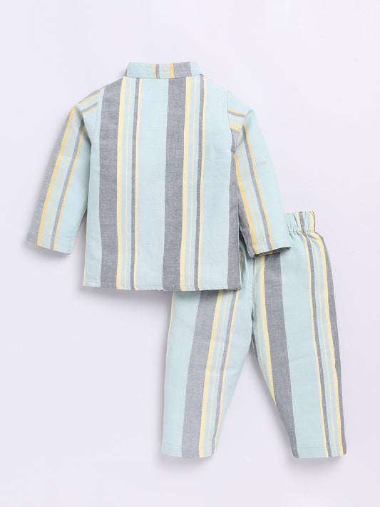 Green & Grey Striped Full Sleeve Night Suit