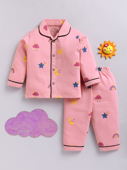 Pink Typography Cotton Full Sleeves Night Suit