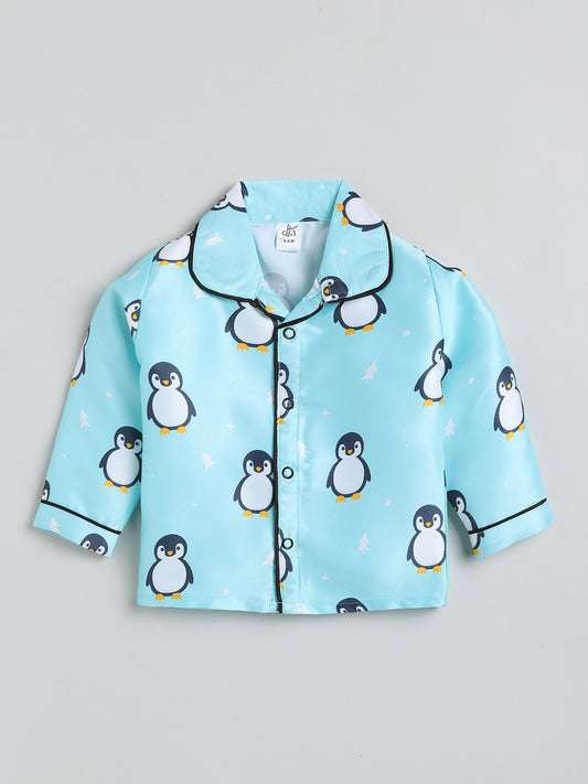 Blue Penguin Printed Satin Full Sleeves Satin Night Suit