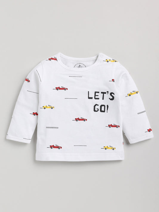 Racing Cars Graphic White Full Sleeve Cotton Nightwear Set