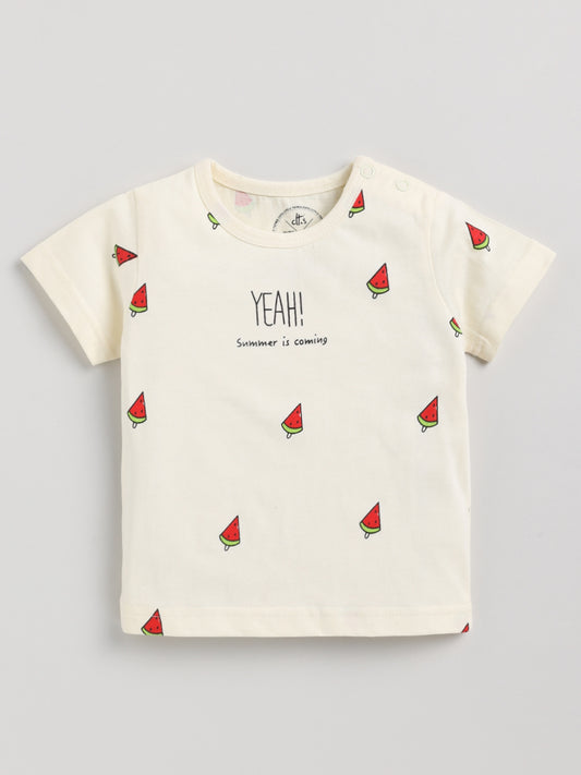 Watermelon Print Cream Half Sleeve Cotton Nightwear Set