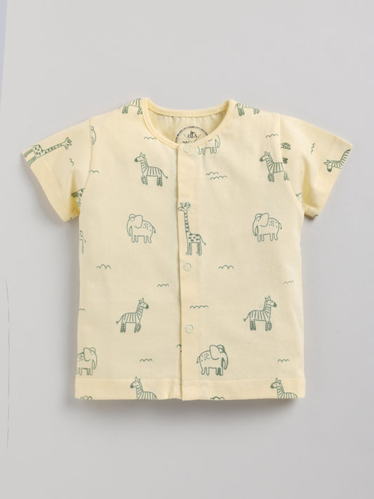 Cute Animal Print Yellow Half Sleeve Cotton Nightwear Set