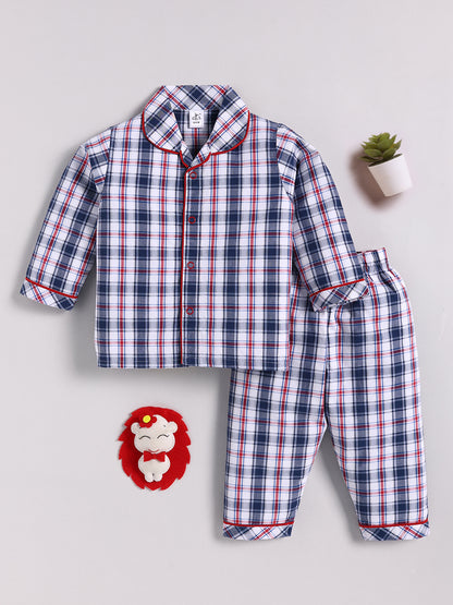 Blue Cotton Checked Full Sleeve Night Suit