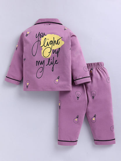 Purple Typography Cotton Full Sleeves Night Suit