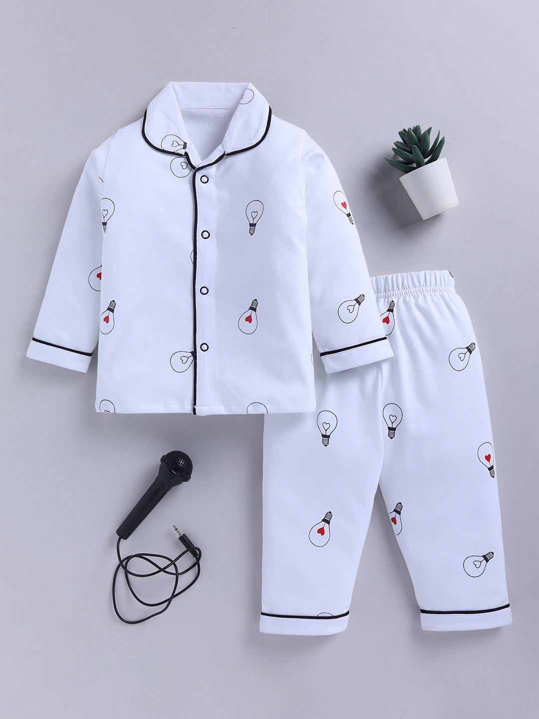 White Typography Cotton Full Sleeves Night Suit