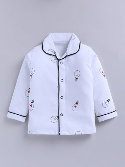 White Typography Cotton Full Sleeves Night Suit