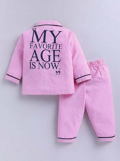Pink Typography Cotton Full Sleeves Night Suit