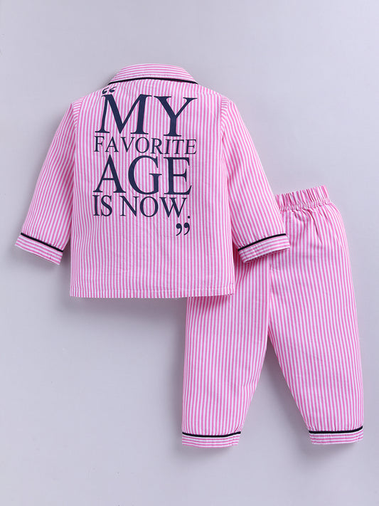 Pink Typography Cotton Full Sleeves Night Suit