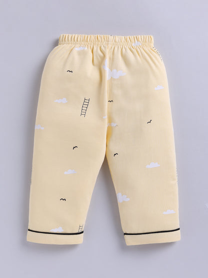 Yellow Typography Cotton Full Sleeves Night Suit