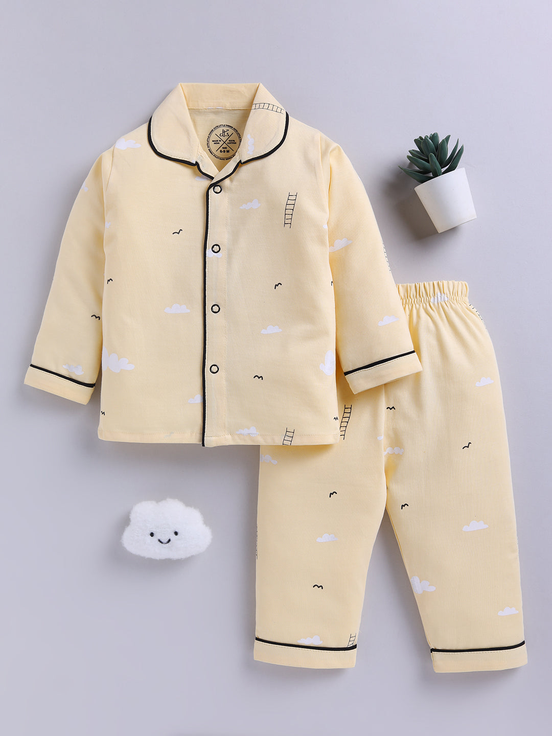 Yellow Typography Cotton Full Sleeves Night Suit