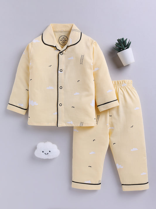 Yellow Typography Cotton Full Sleeves Night Suit