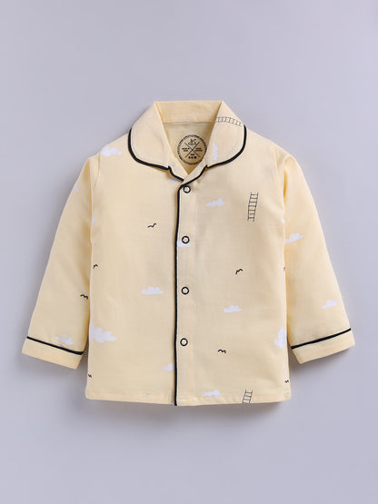 Yellow Typography Cotton Full Sleeves Night Suit