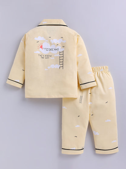 Yellow Typography Cotton Full Sleeves Night Suit