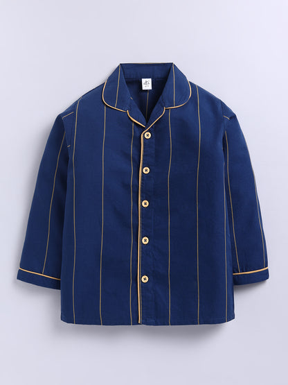 Blue Striped Cotton Full Sleeves Full Night Suit