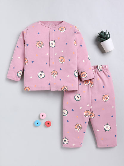 Mauve Donut Print Cotton Full Sleeve Night Suit