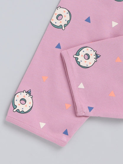 Mauve Donut Print Cotton Full Sleeve Night Suit