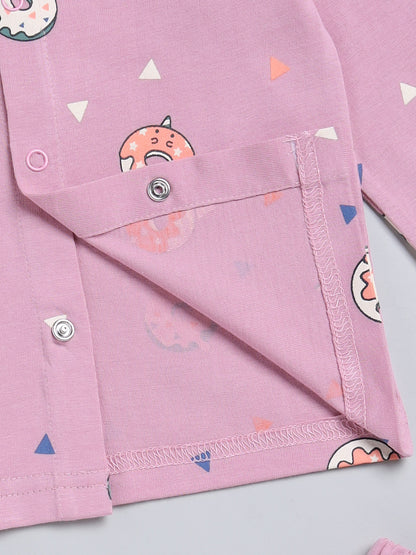Mauve Donut Print Cotton Full Sleeve Night Suit