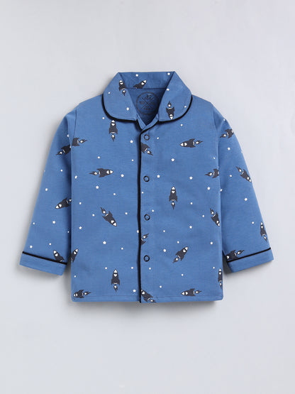 Blue Typography Cotton Full Sleeve Night Suit