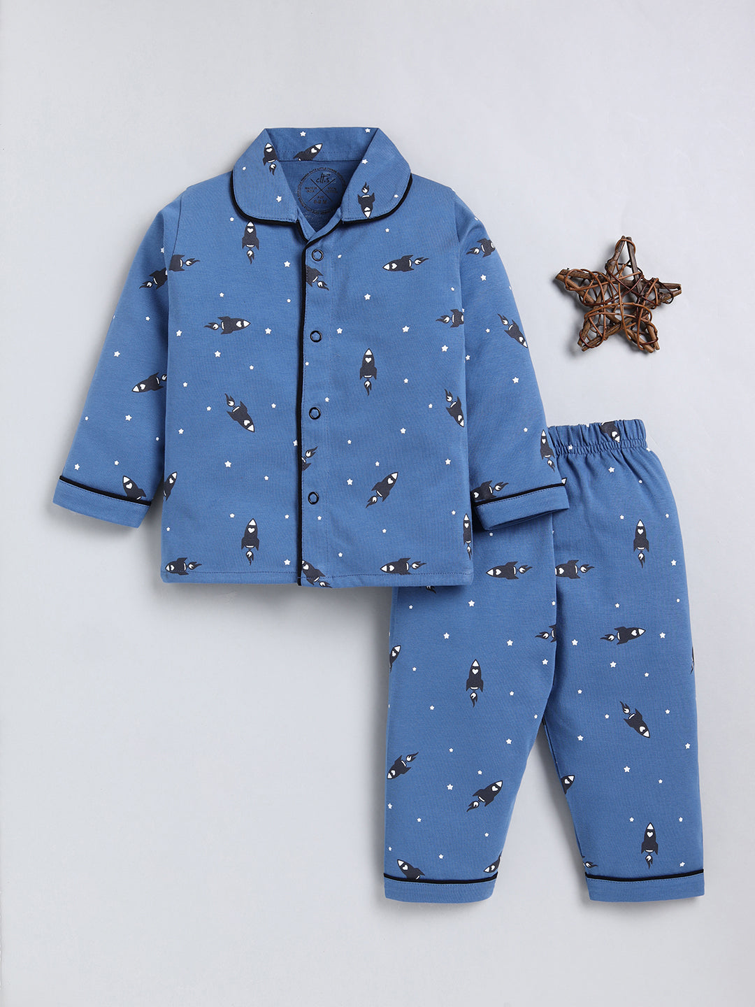 Blue Typography Cotton Full Sleeve Night Suit