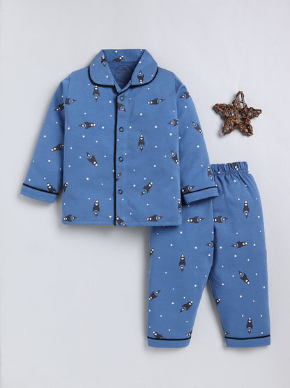 Blue Typography Cotton Full Sleeve Night Suit